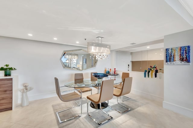 dining area featuring visible vents, recessed lighting, an inviting chandelier, light tile patterned floors, and baseboards