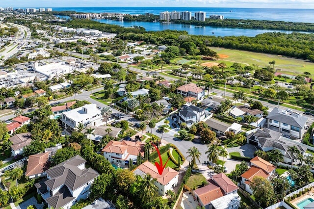 aerial view featuring a water view and a residential view