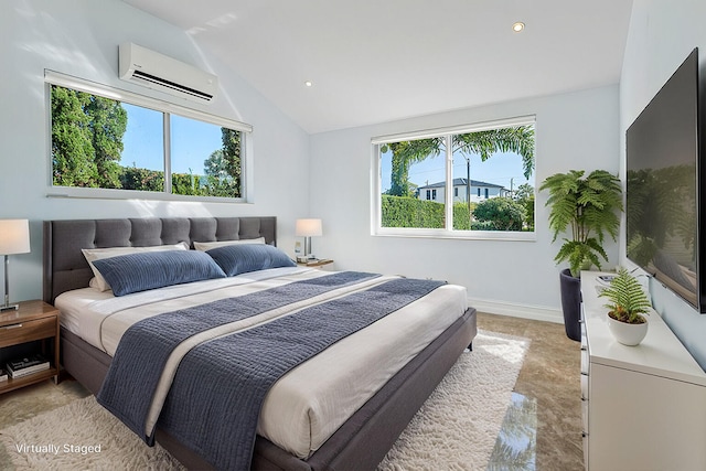 bedroom featuring a wall unit AC, baseboards, vaulted ceiling, and recessed lighting