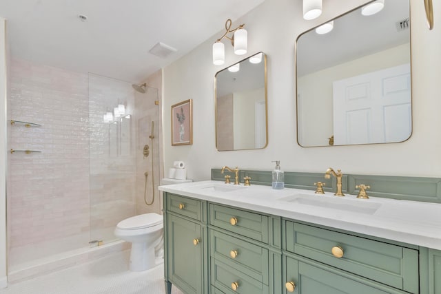 bathroom with double vanity, a sink, toilet, and a walk in shower