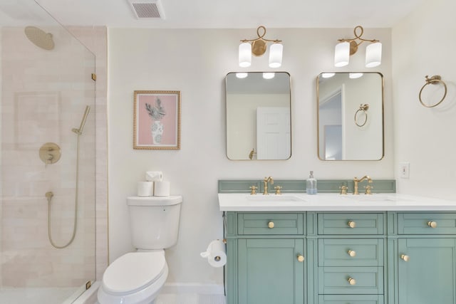 bathroom with toilet, visible vents, a sink, and tiled shower