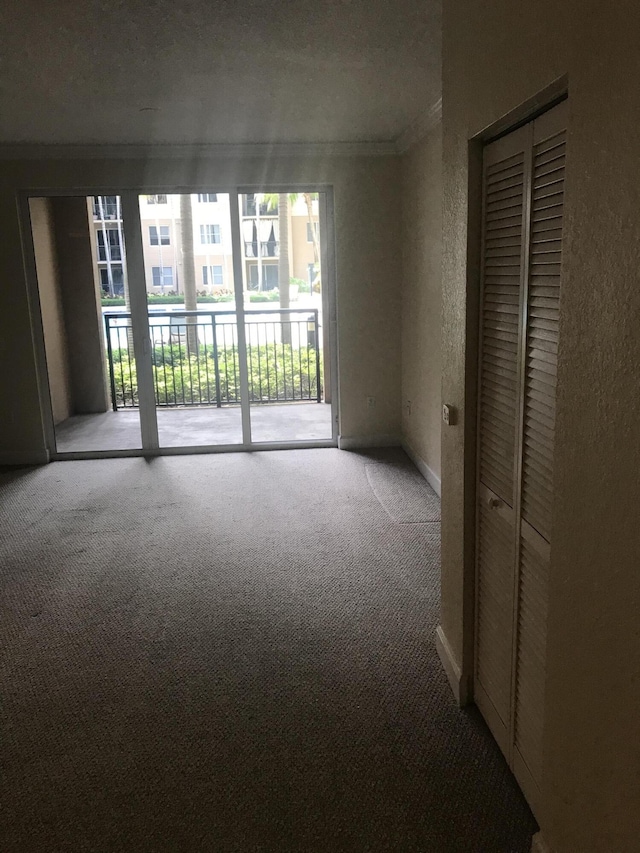 spare room featuring carpet floors, crown molding, and a textured wall