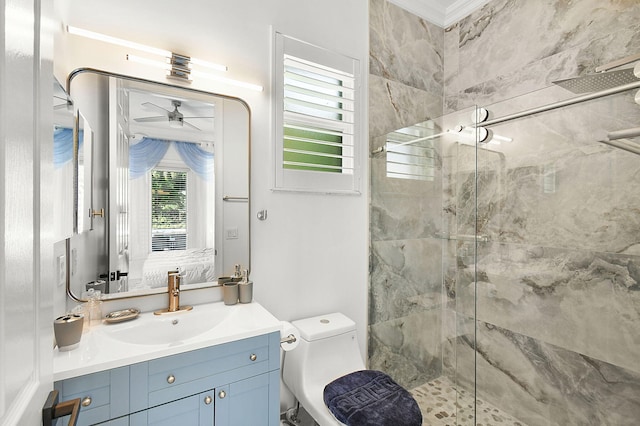 ensuite bathroom featuring vanity, ornamental molding, a stall shower, ensuite bath, and a ceiling fan