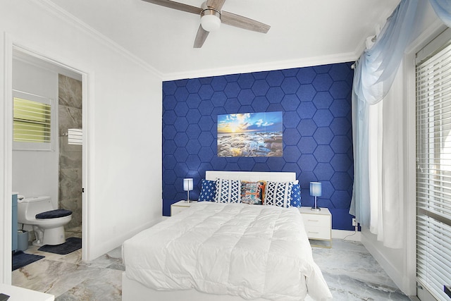 bedroom featuring connected bathroom, marble finish floor, crown molding, and a ceiling fan