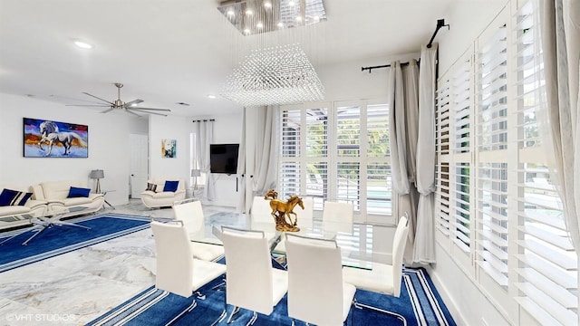 dining area with recessed lighting and a ceiling fan
