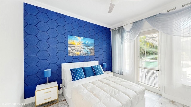 bedroom with crown molding and ceiling fan