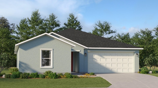 single story home with a front lawn, roof with shingles, stucco siding, driveway, and an attached garage