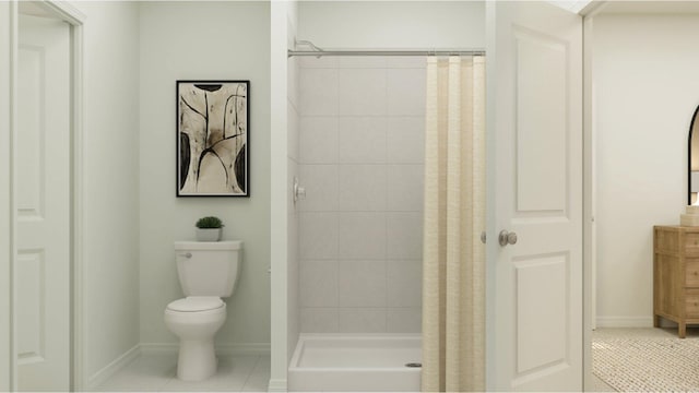 full bathroom featuring baseboards, toilet, a stall shower, and tile patterned flooring