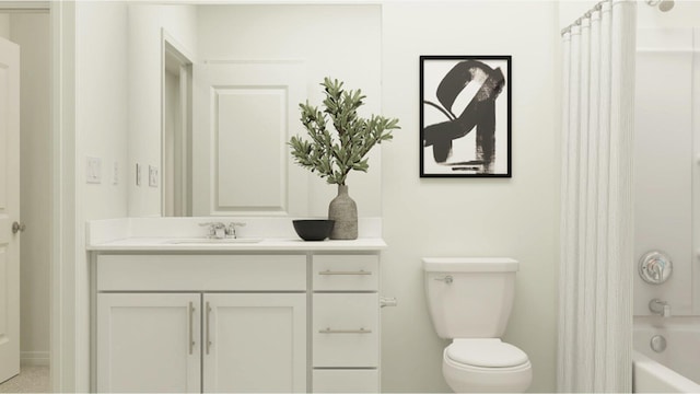 full bathroom featuring toilet, vanity, and shower / tub combo with curtain