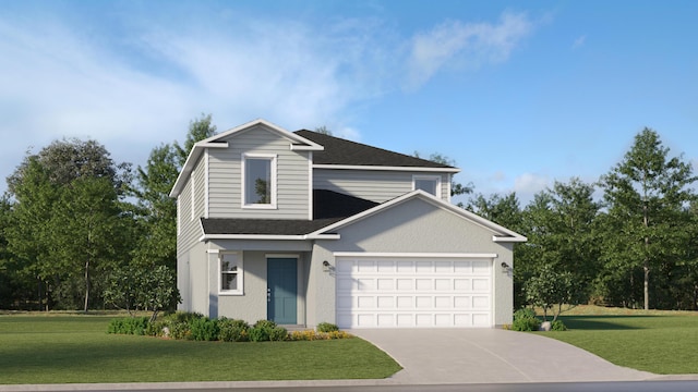 traditional home with a front yard, roof with shingles, driveway, and an attached garage