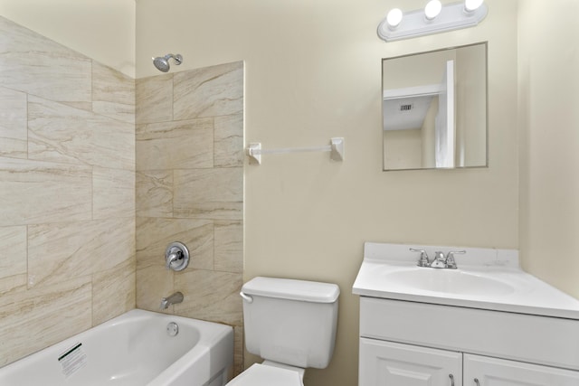 full bathroom featuring toilet, shower / bathtub combination, visible vents, and vanity