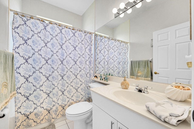 bathroom with toilet, tile patterned floors, a shower with shower curtain, and vanity