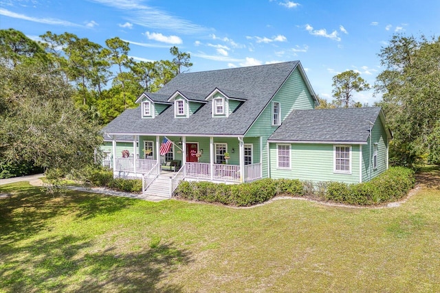 cape cod-style house featuring a porch, roof with shingles, and a front yard