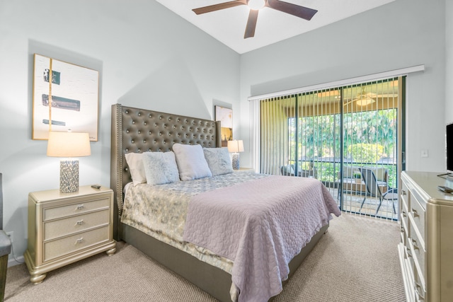 carpeted bedroom with access to outside and ceiling fan