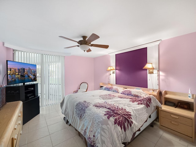 bedroom featuring a ceiling fan and light tile patterned flooring