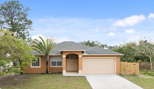 ranch-style home featuring concrete driveway, stucco siding, an attached garage, fence, and a front yard