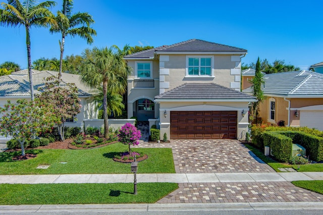 view of front of house with a garage, a tiled roof, decorative driveway, stucco siding, and a front lawn