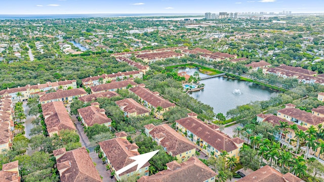 bird's eye view with a water view