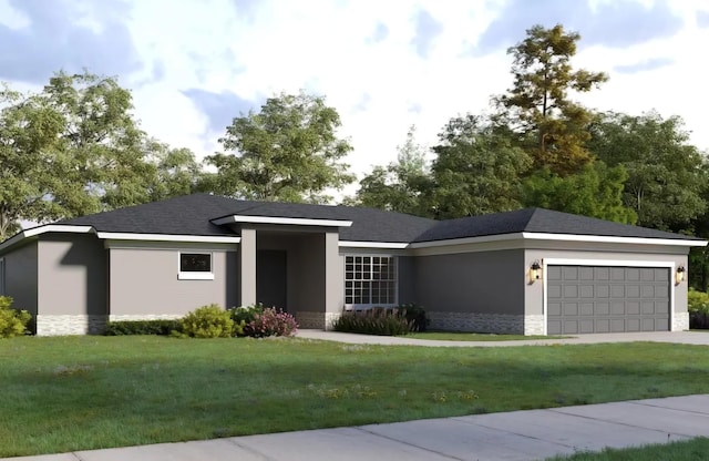 view of front of property with a front yard, an attached garage, concrete driveway, and stucco siding