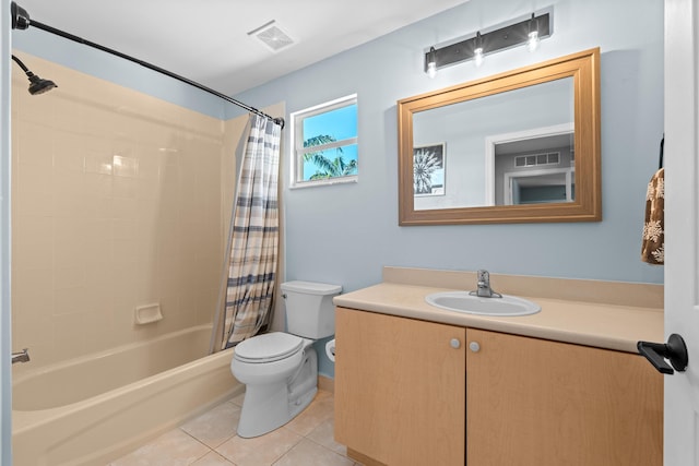 full bathroom with visible vents, shower / bathtub combination with curtain, toilet, vanity, and tile patterned flooring