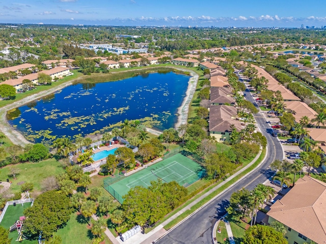 birds eye view of property with a water view and a residential view