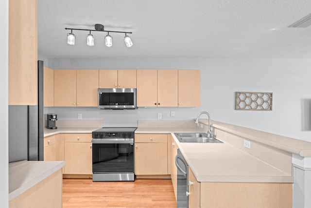 kitchen with light brown cabinets, appliances with stainless steel finishes, and a sink