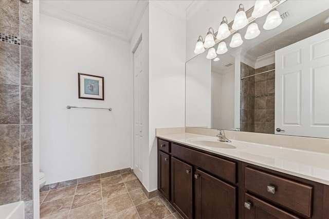 full bathroom with toilet, vanity, baseboards, tiled shower, and crown molding