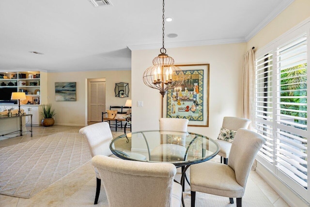 tiled dining room with a notable chandelier, baseboards, visible vents, and crown molding