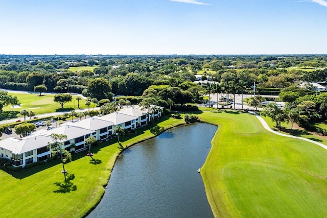 aerial view with view of golf course and a water view