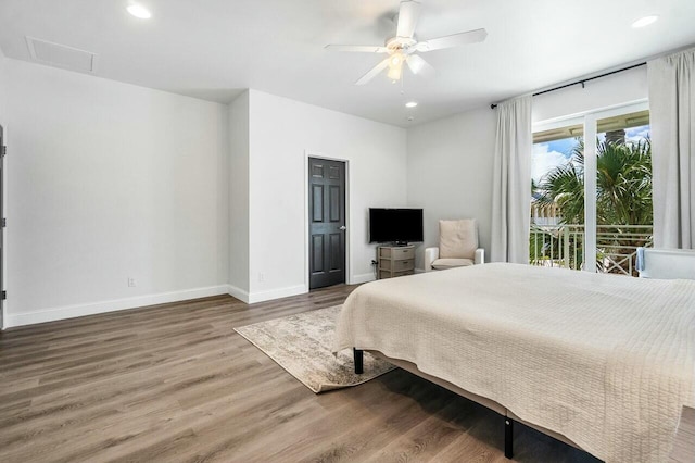 bedroom with recessed lighting, ceiling fan, baseboards, and wood finished floors