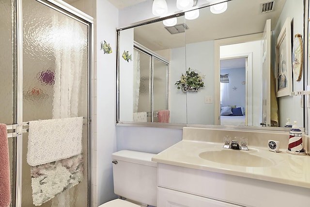 full bath featuring visible vents, toilet, ensuite bathroom, a stall shower, and vanity