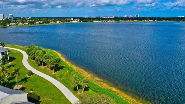 birds eye view of property featuring a water view