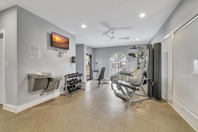 workout area with recessed lighting, baseboards, and a ceiling fan