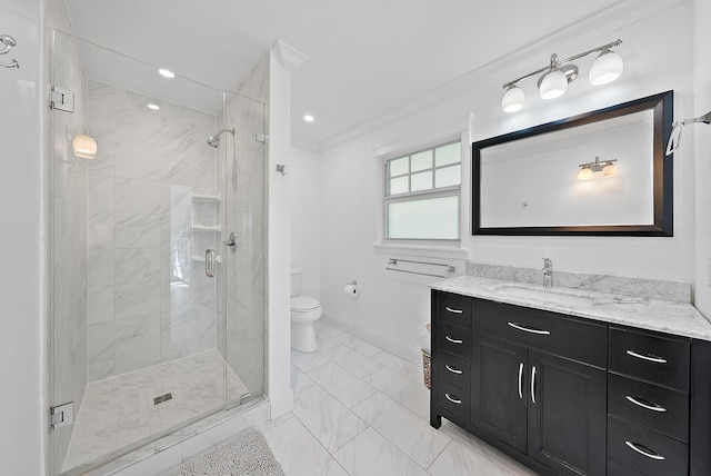 full bath with a stall shower, toilet, ornamental molding, marble finish floor, and vanity