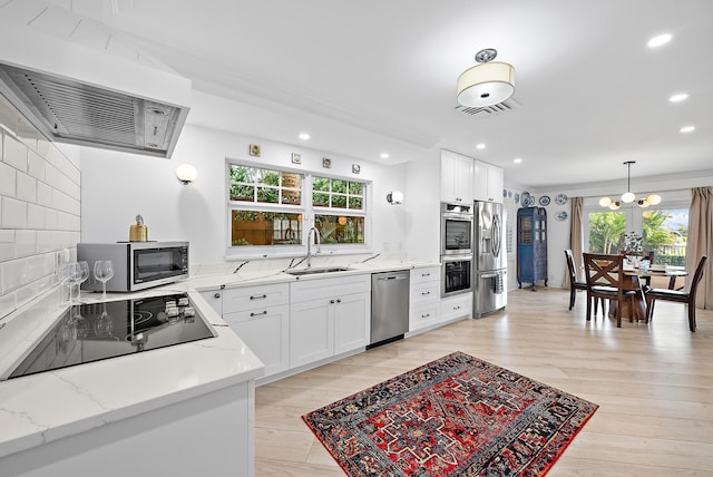 kitchen featuring stainless steel appliances, white cabinetry, a sink, and backsplash