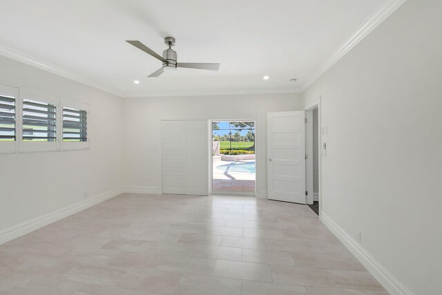 unfurnished room with recessed lighting, baseboards, a ceiling fan, and ornamental molding