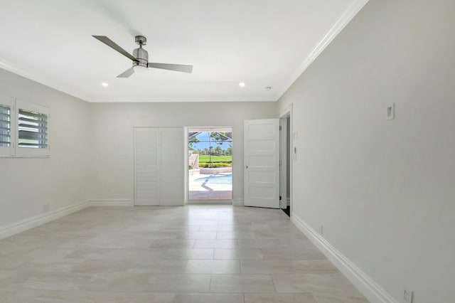 unfurnished room featuring ceiling fan, baseboards, crown molding, and recessed lighting