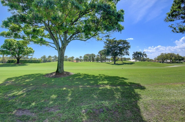 view of home's community featuring view of golf course and a yard