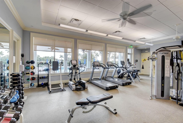 gym featuring ceiling fan, visible vents, and crown molding