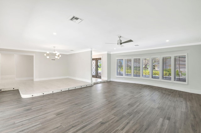 unfurnished living room featuring visible vents, ornamental molding, wood finished floors, baseboards, and ceiling fan with notable chandelier