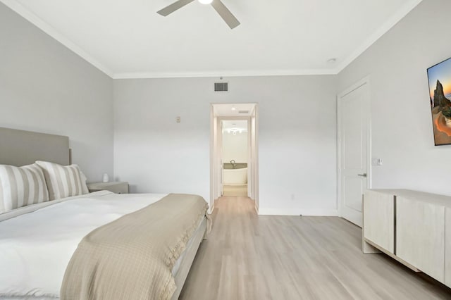 bedroom with baseboards, visible vents, a ceiling fan, crown molding, and light wood-type flooring