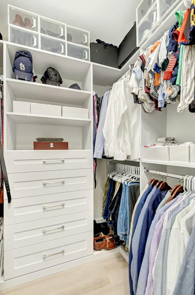 walk in closet with wood finished floors