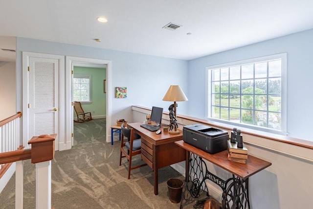 home office featuring baseboards, carpet, visible vents, and recessed lighting