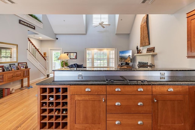 interior space with a healthy amount of sunlight, light wood-style floors, black stovetop, and stairway