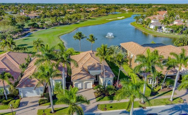 bird's eye view featuring a residential view, view of golf course, and a water view