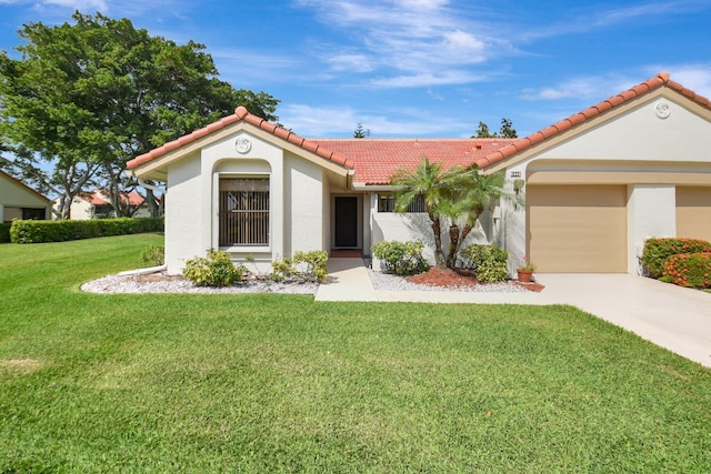 mediterranean / spanish house featuring driveway, a garage, a tiled roof, a front lawn, and stucco siding