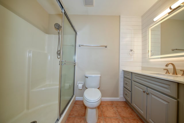 full bath with tile patterned floors, visible vents, toilet, walk in shower, and vanity