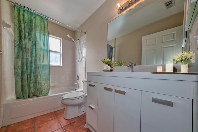 full bath with visible vents, toilet, shower / tub combo with curtain, tile patterned floors, and vanity