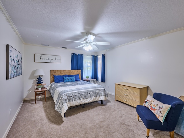 bedroom with ornamental molding, visible vents, carpet floors, and baseboards