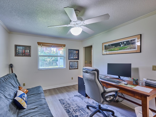 office space featuring crown molding, a textured ceiling, and wood finished floors